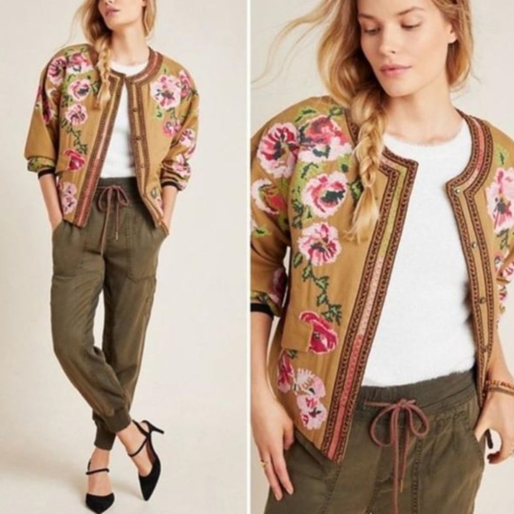 ANTHROPOLOGIE S Needlepoint Floral Bomber Jacket